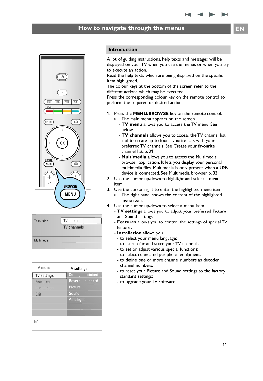 Philips 7206890100R00, 32PF9551/10, 32PF9541/10 How to navigate through the menus, Introduction, Installation allows you 