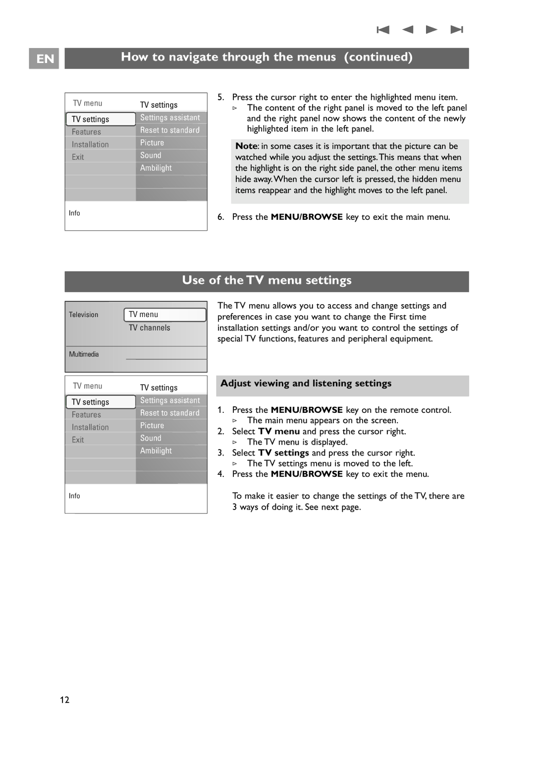 Philips 32PF9551/10, 32PF9541/10, 7206890100R00 Use of the TV menu settings, Adjust viewing and listening settings 