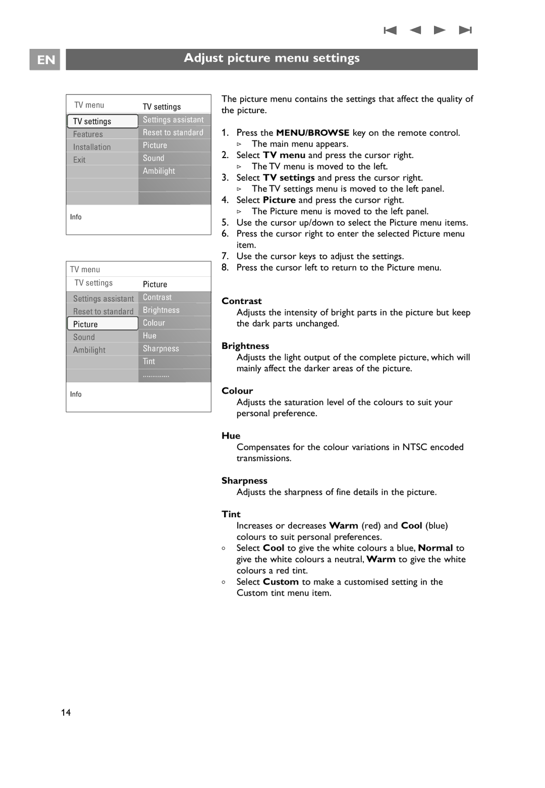 Philips 7206890100R00, 32PF9551/10, 32PF9541/10 user manual Adjust picture menu settings 