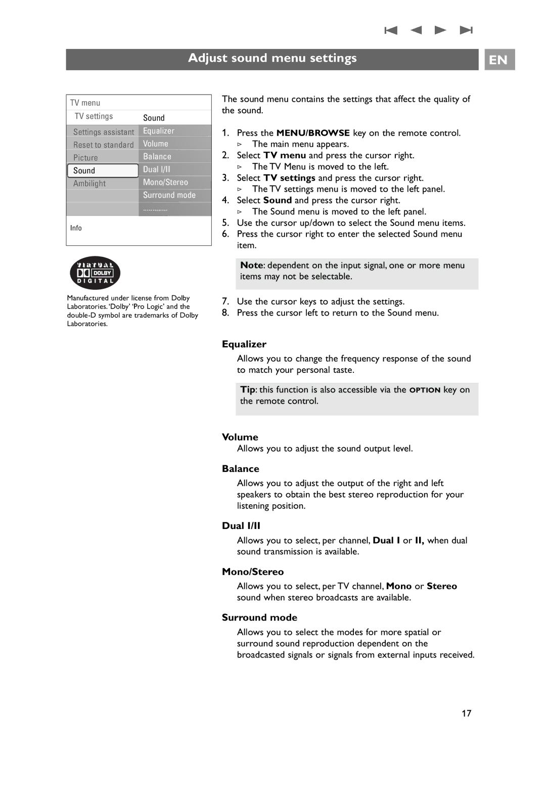 Philips 7206890100R00, 32PF9551/10, 32PF9541/10 user manual Adjust sound menu settings 