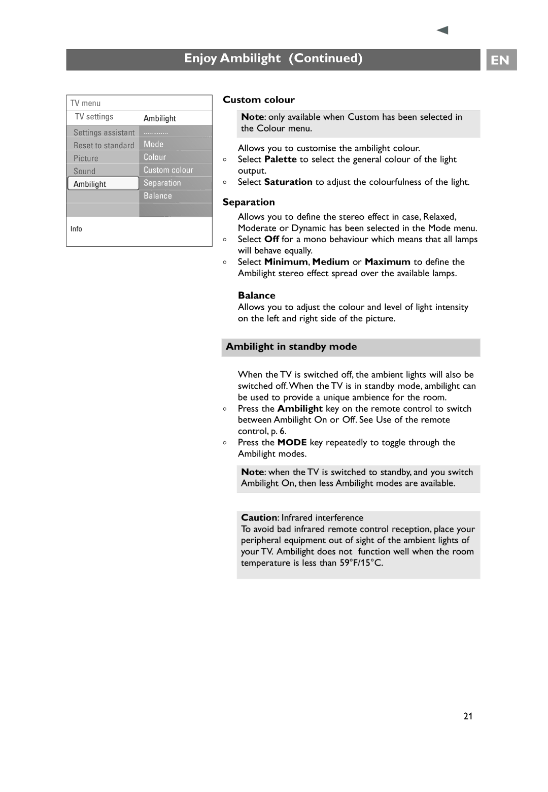 Philips 32PF9551/10, 32PF9541/10, 7206890100R00 user manual Custom colour, Separation, Ambilight in standby mode 