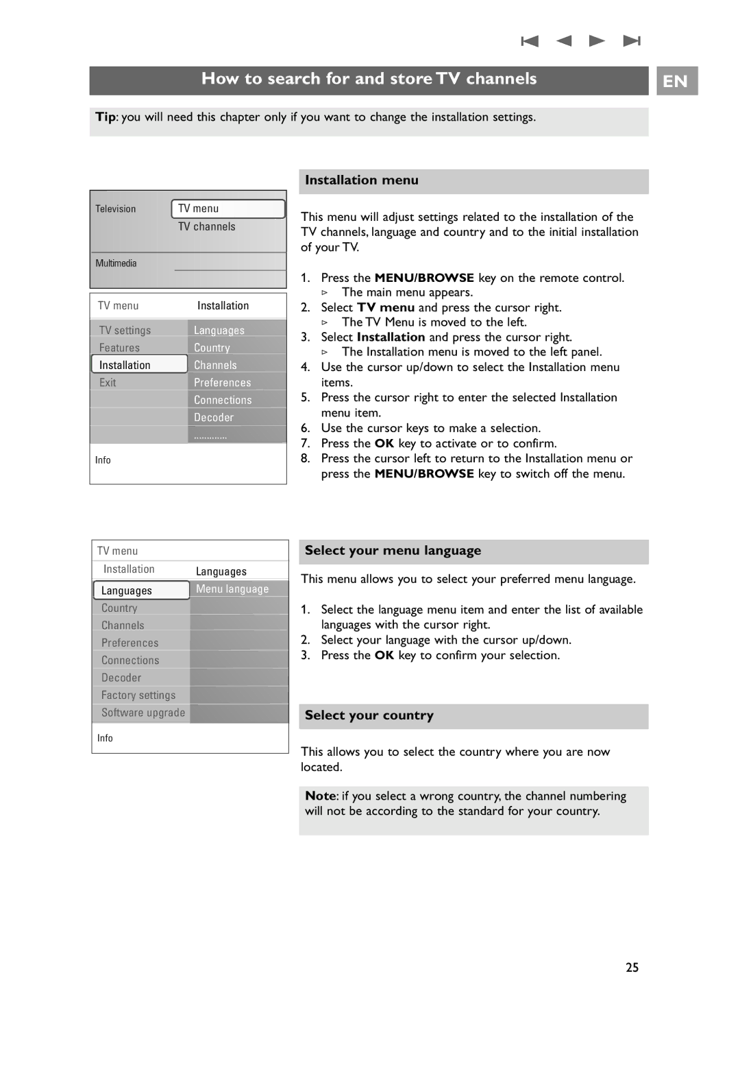 Philips 32PF9541/10, 32PF9551/10 How to search for and store TV channels, Installation menu, Select your menu language 