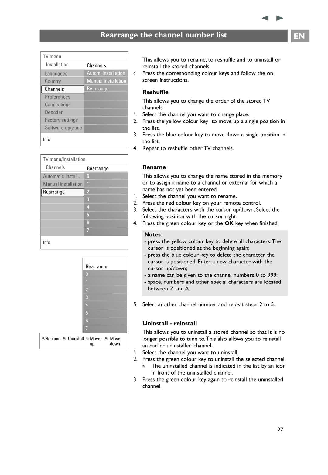 Philips 32PF9551/10, 32PF9541/10, 7206890100R00 Rearrange the channel number list, Reshuffle, Rename, Uninstall reinstall 