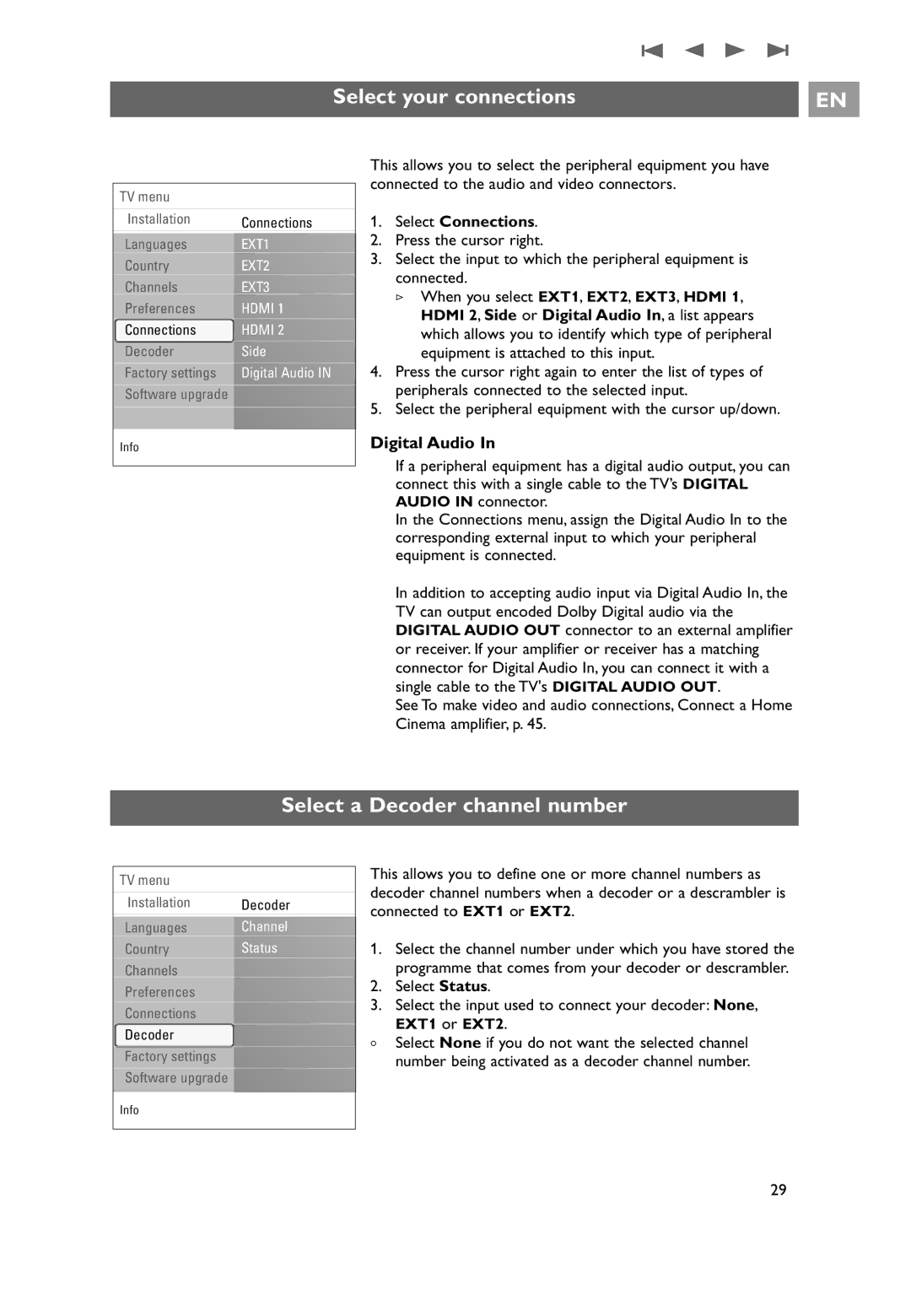 Philips 7206890100R00 Select your connections, Select a Decoder channel number, Digital Audio, Select Connections 