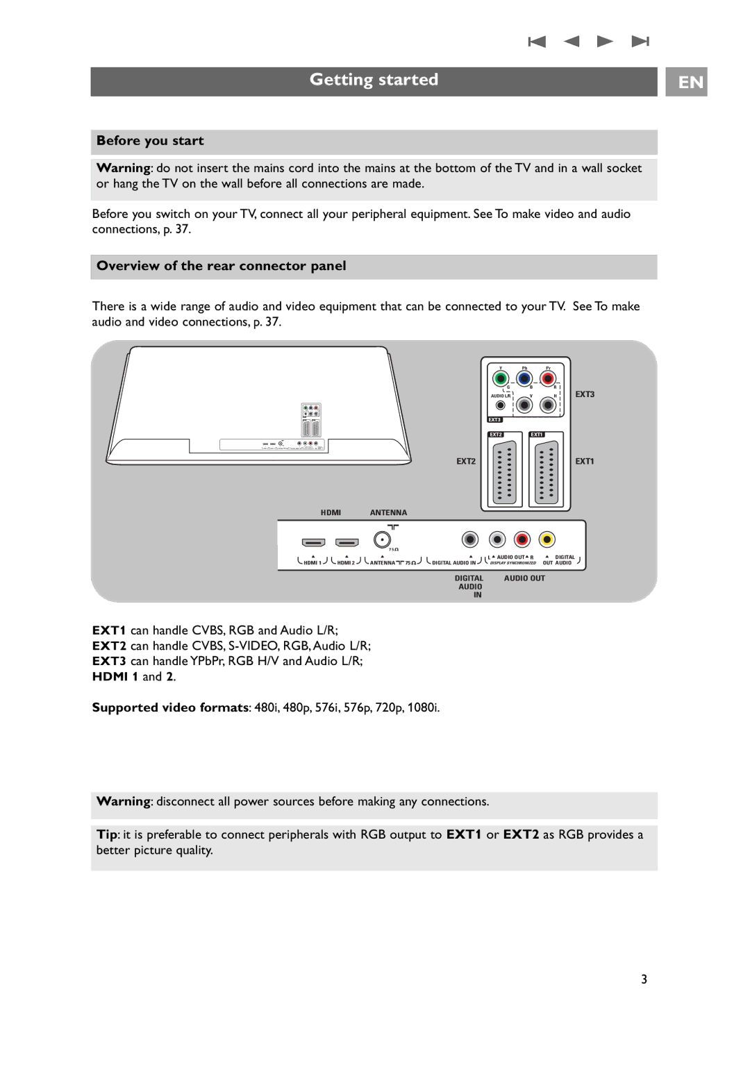 Philips 32PF9551/10, 32PF9541/10, 7206890100R00 Getting started, Before you start, Overview of the rear connector panel 