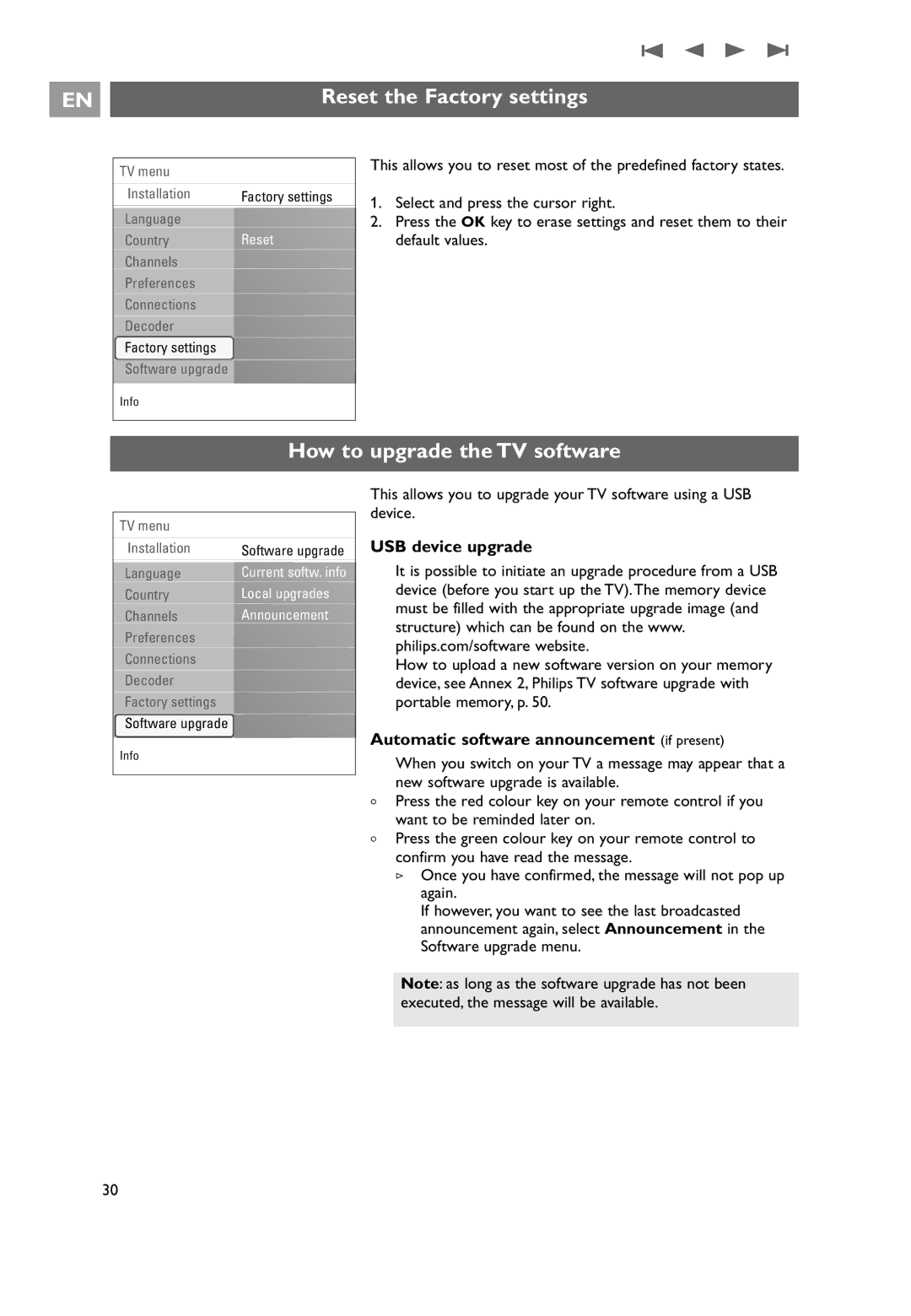 Philips 32PF9551/10, 32PF9541/10 user manual Reset the Factory settings, How to upgrade the TV software, USB device upgrade 