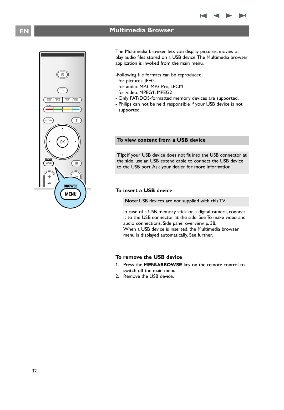 Philips 7206890100R00, 32PF9551/10 user manual Multimedia Browser, To view content from a USB device, To insert a USB device 