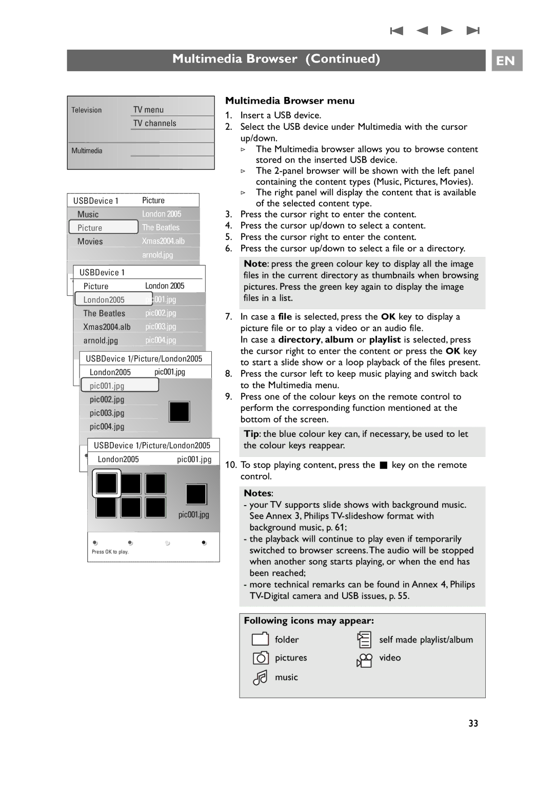 Philips 32PF9551/10, 32PF9541/10, 7206890100R00 user manual Multimedia Browser menu, Following icons may appear 