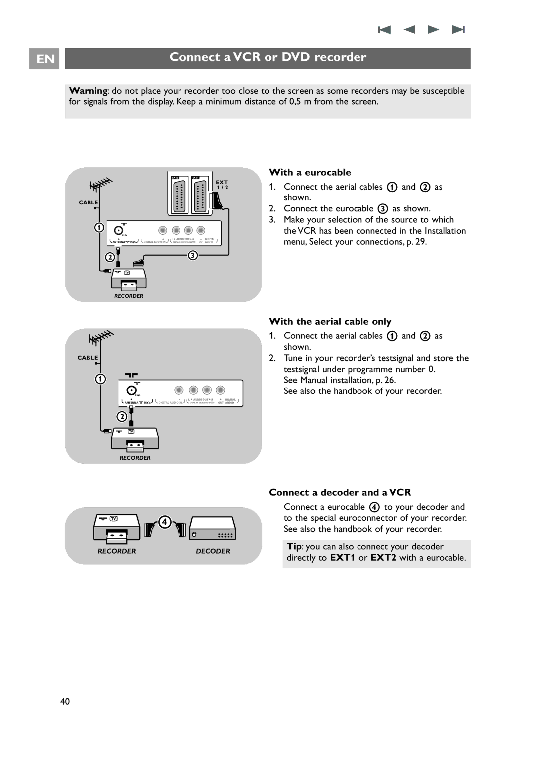 Philips 32PF9541/10, 32PF9551/10, 7206890100R00 Connect a VCR or DVD recorder, With a eurocable, With the aerial cable only 