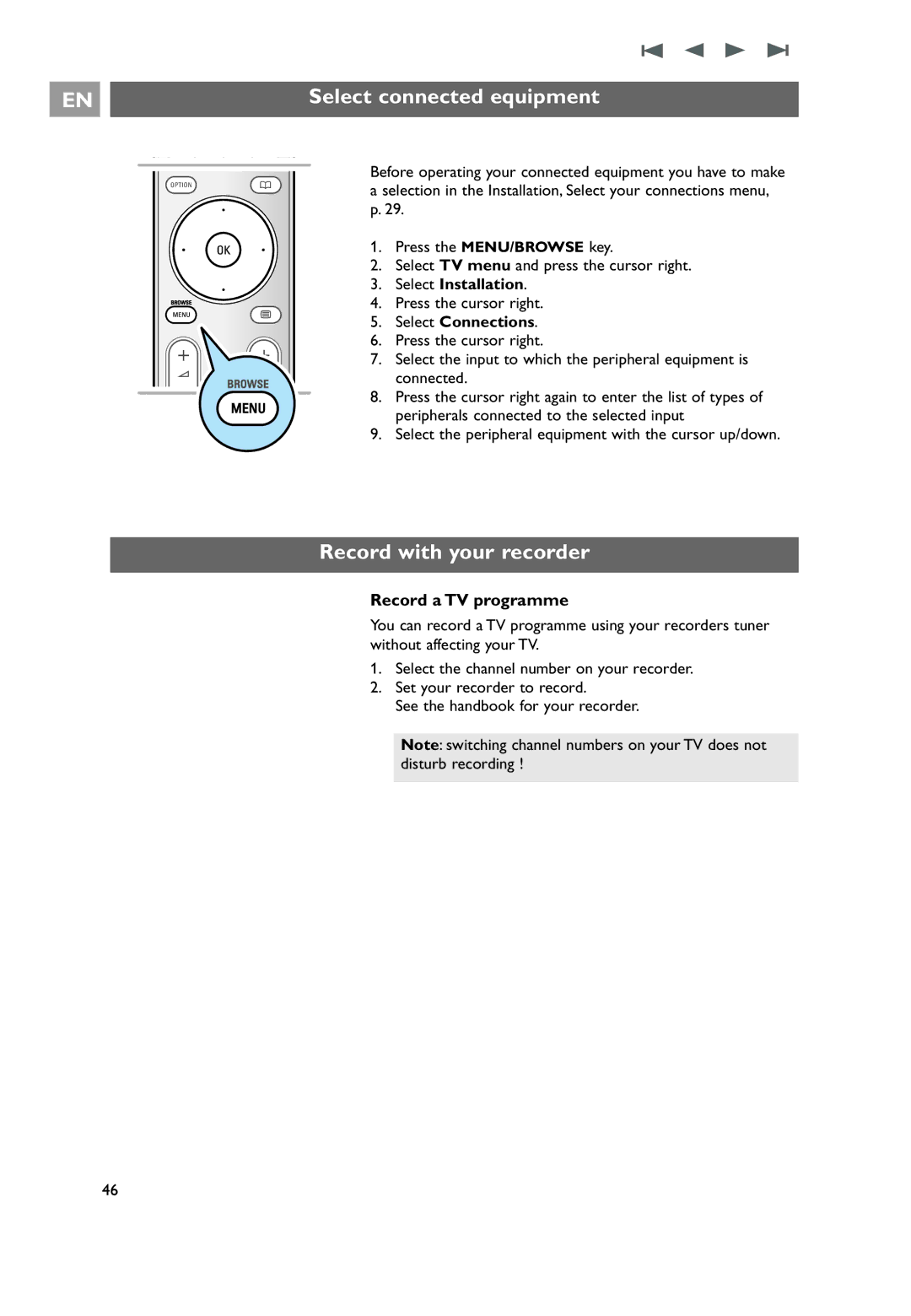 Philips 32PF9541/10 Select connected equipment, Record with your recorder, Record a TV programme, Select Installation 