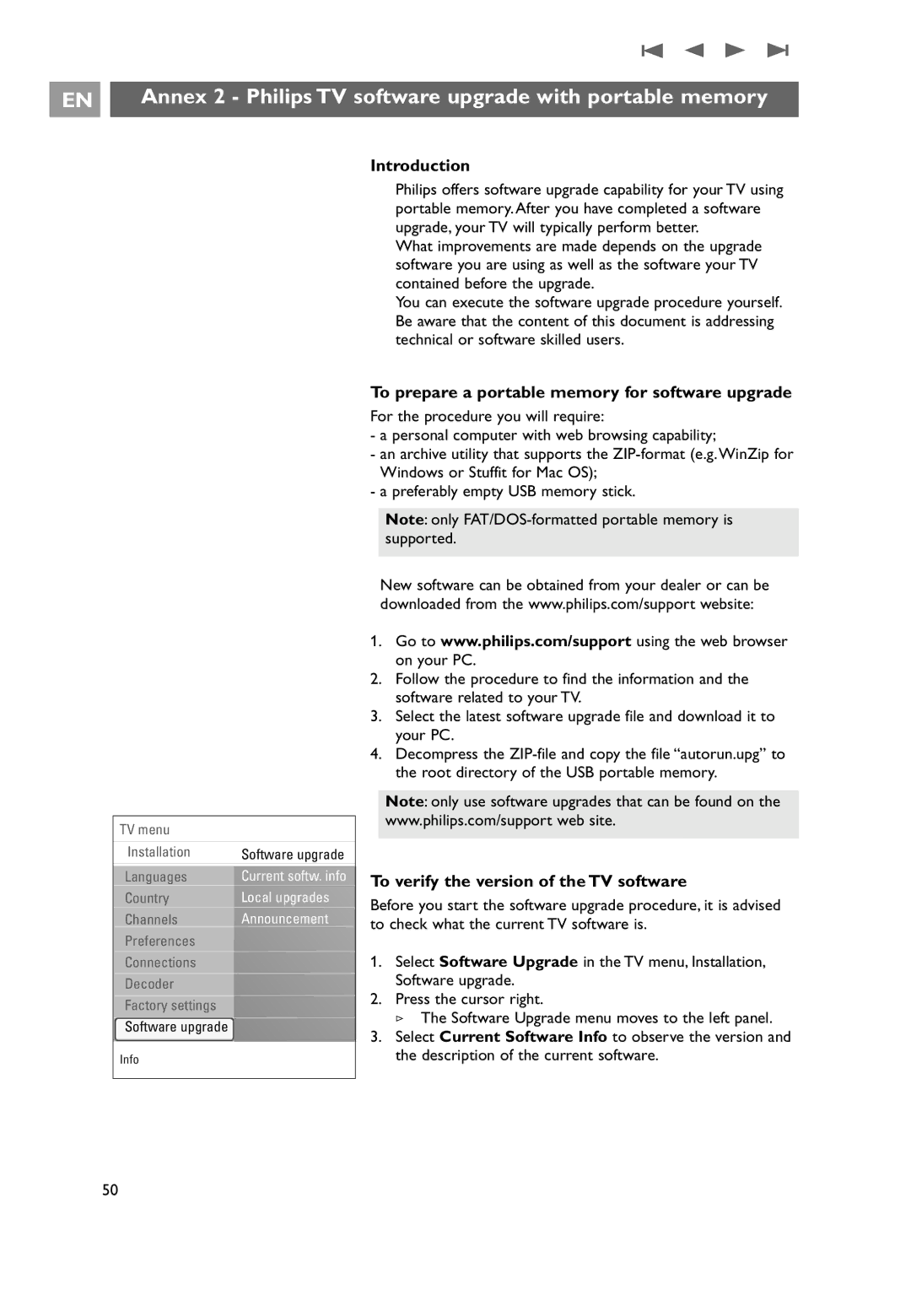 Philips 7206890100R00 Annex 2 Philips TV software upgrade with portable memory, To verify the version of the TV software 