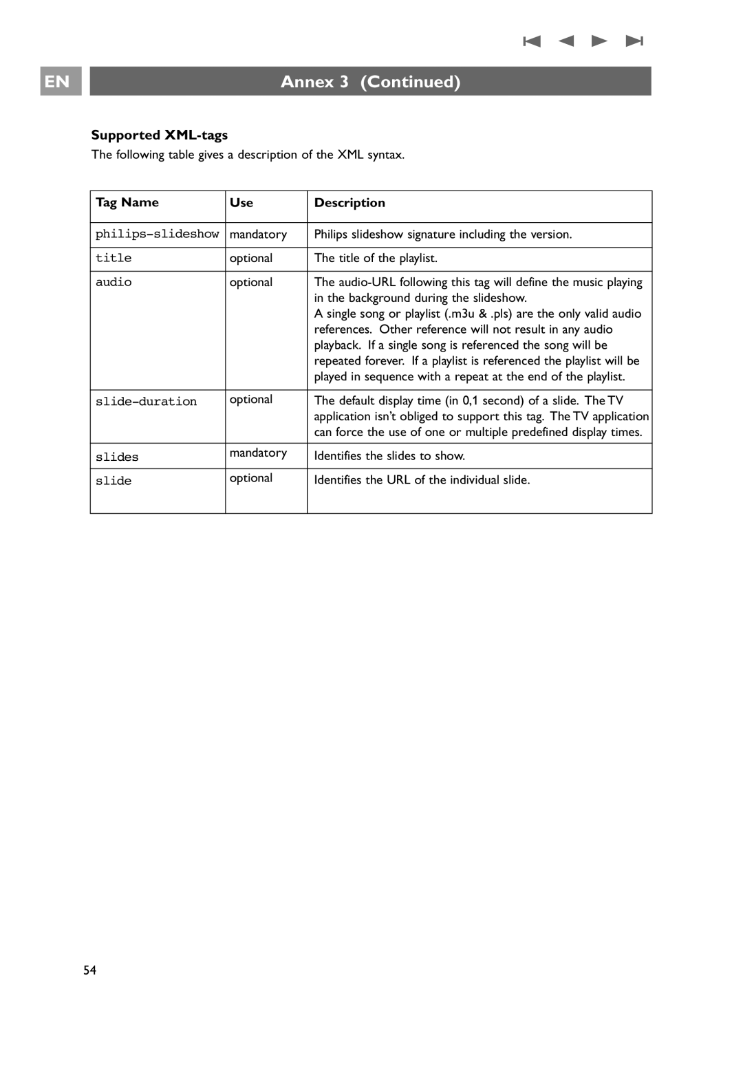 Philips 32PF9551/10, 32PF9541/10, 7206890100R00 user manual Supported XML-tags, Tag Name Use Description 