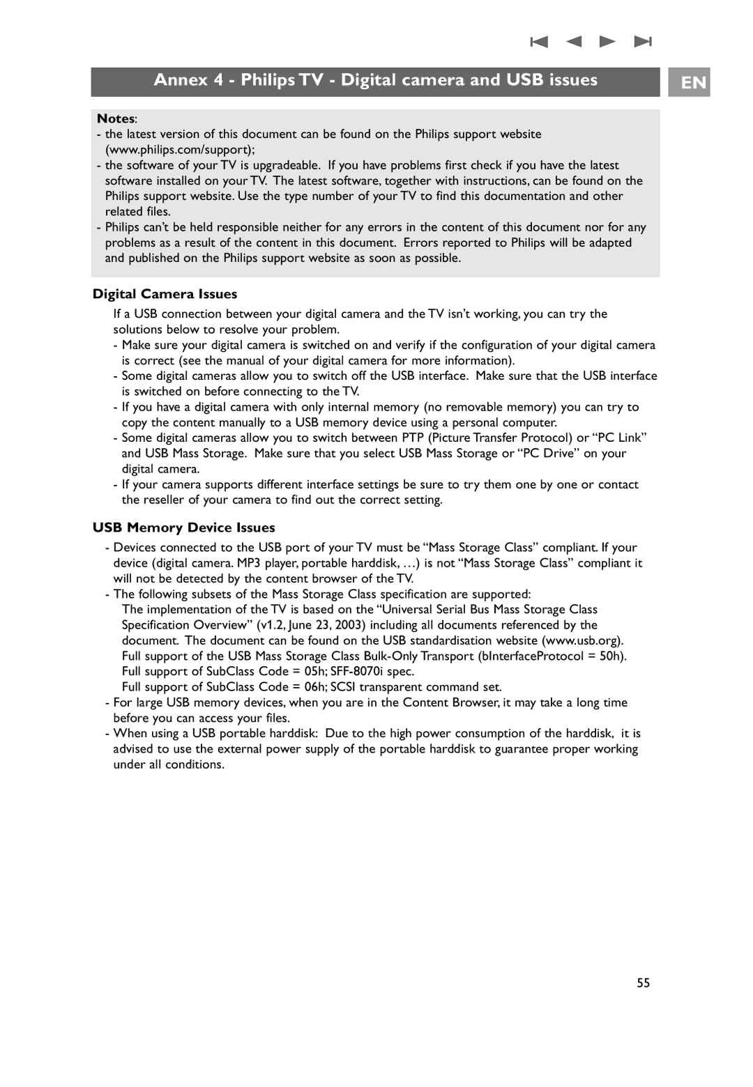 Philips 32PF9541/10 Annex 4 Philips TV Digital camera and USB issues, Digital Camera Issues, USB Memory Device Issues 
