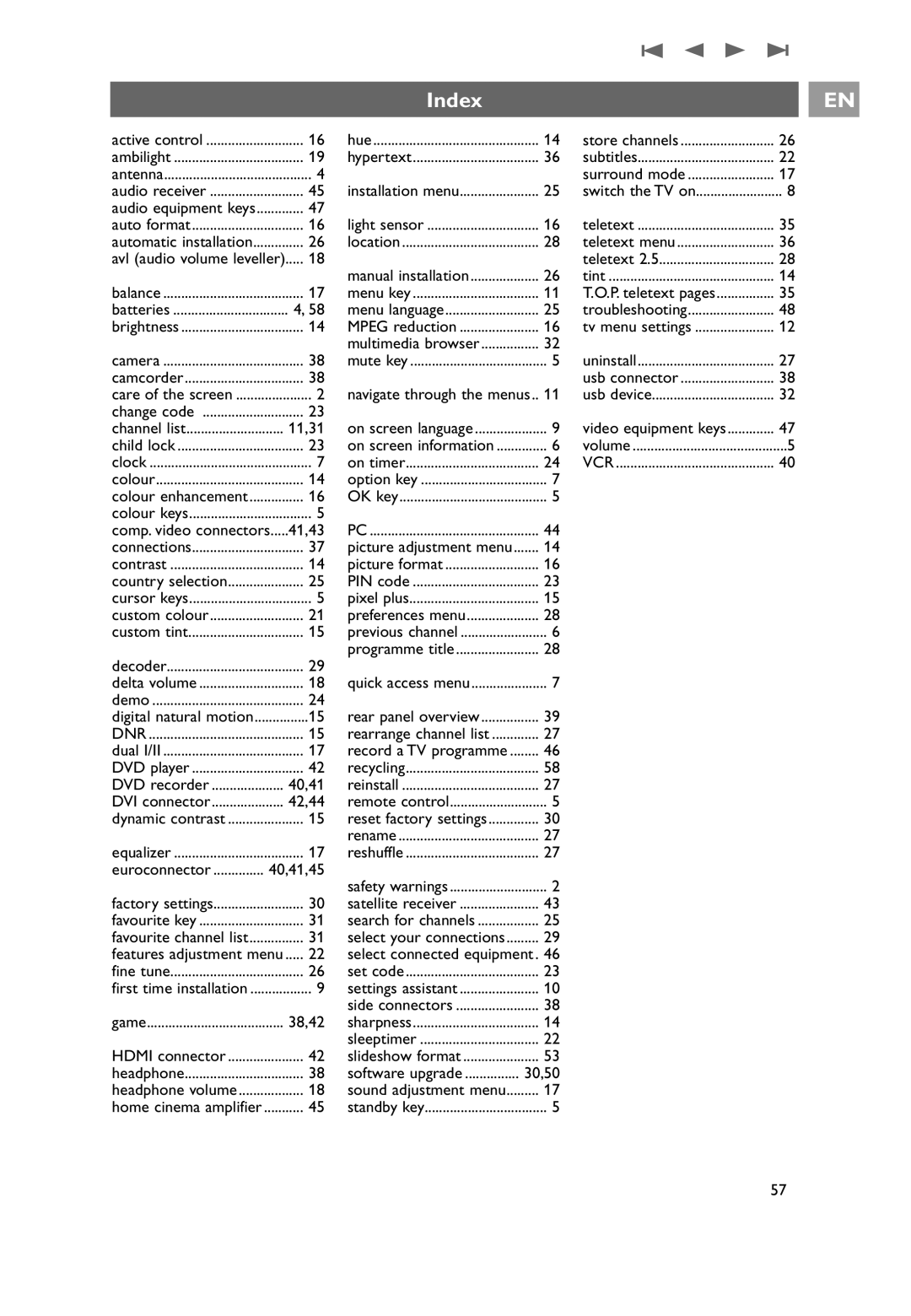 Philips 32PF9551/10, 32PF9541/10, 7206890100R00 user manual Index, 41,43 