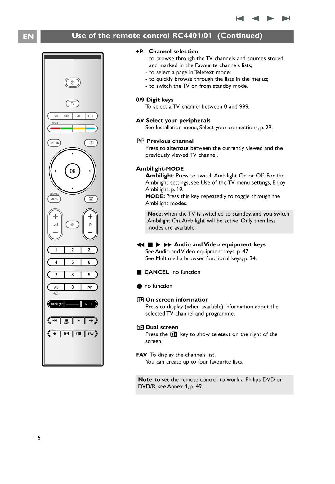 Philips 32PF9551/10 +P- Channel selection, Digit keys, AV Select your peripherals, Previous channel, Ambilight-MODE 