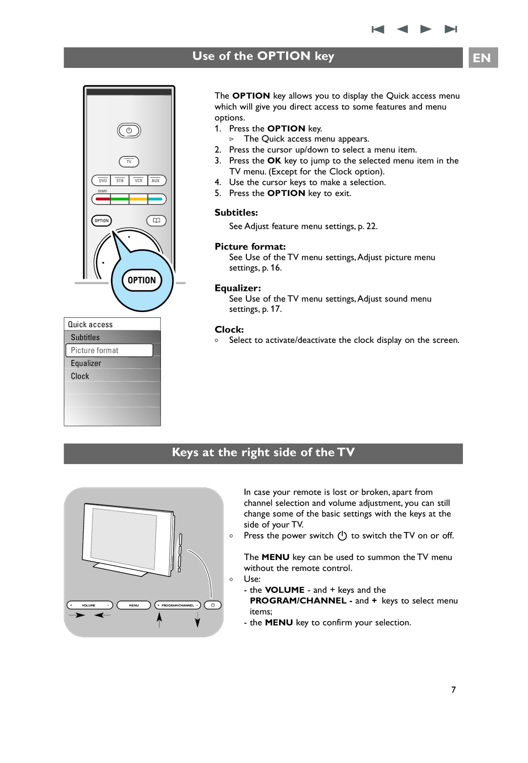 Philips 32PF9541/10, 32PF9551/10, 7206890100R00 user manual Use of the Option key, Keys at the right side of the TV 