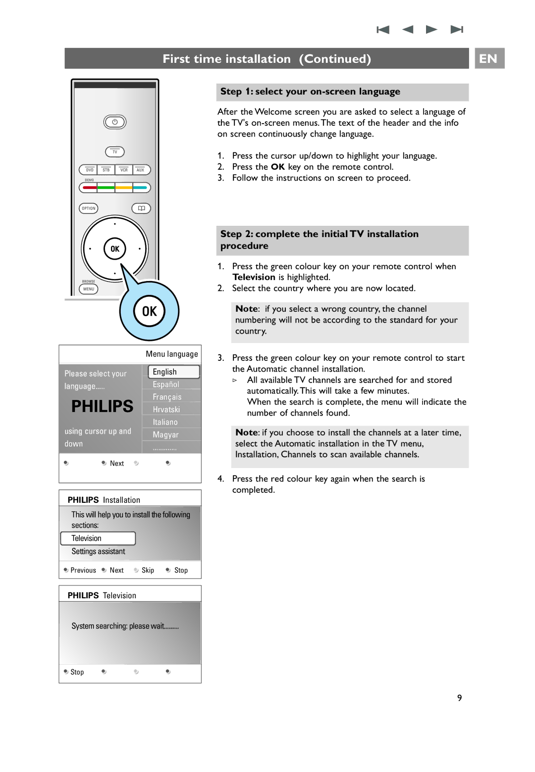 Philips 32PF9551/10, 32PF9541/10 user manual Select your on-screen language, Complete the initial TV installation procedure 