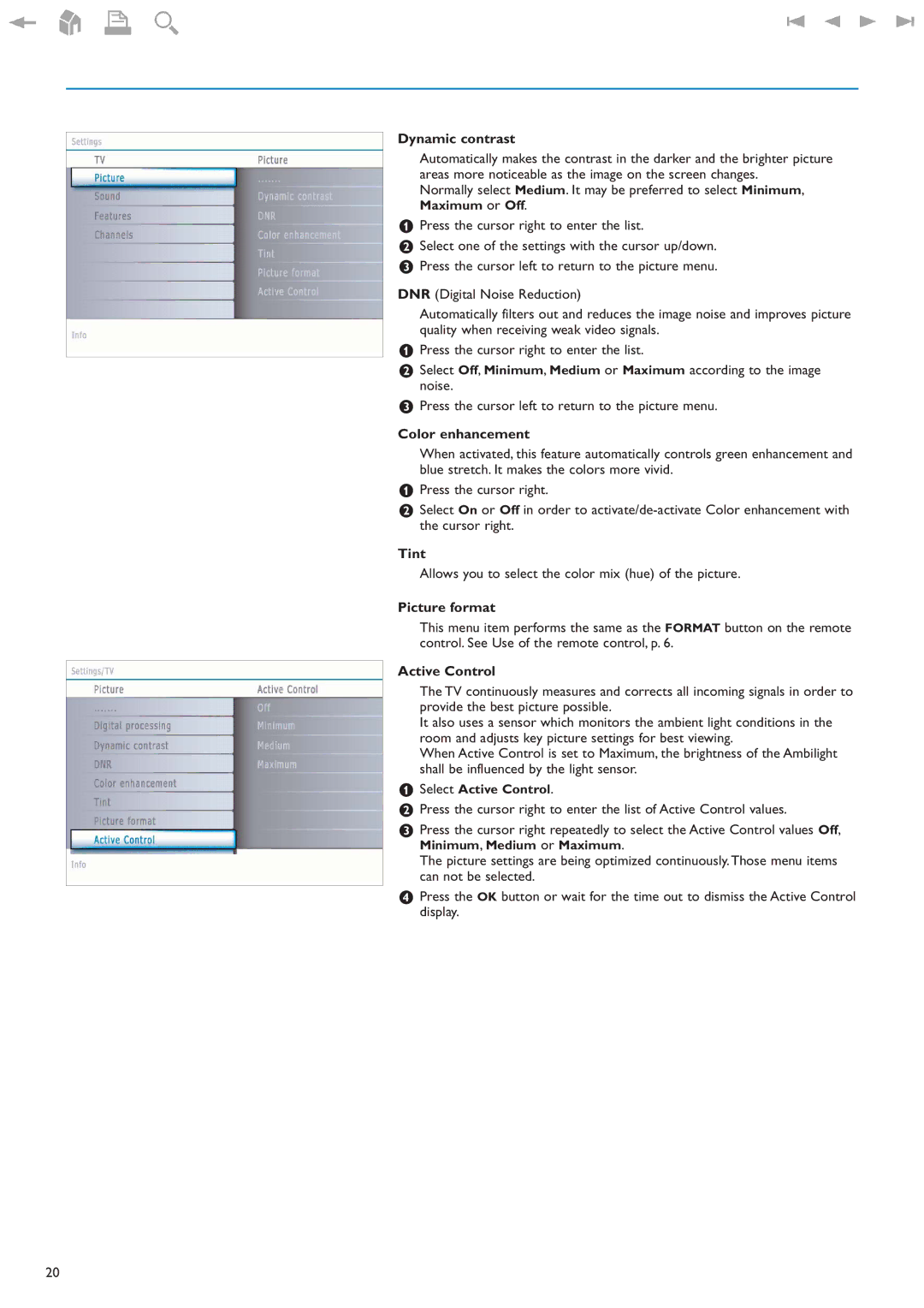 Philips 32PF9630A/37 user manual Dynamic contrast, Color enhancement, Tint, Picture format, Active Control 