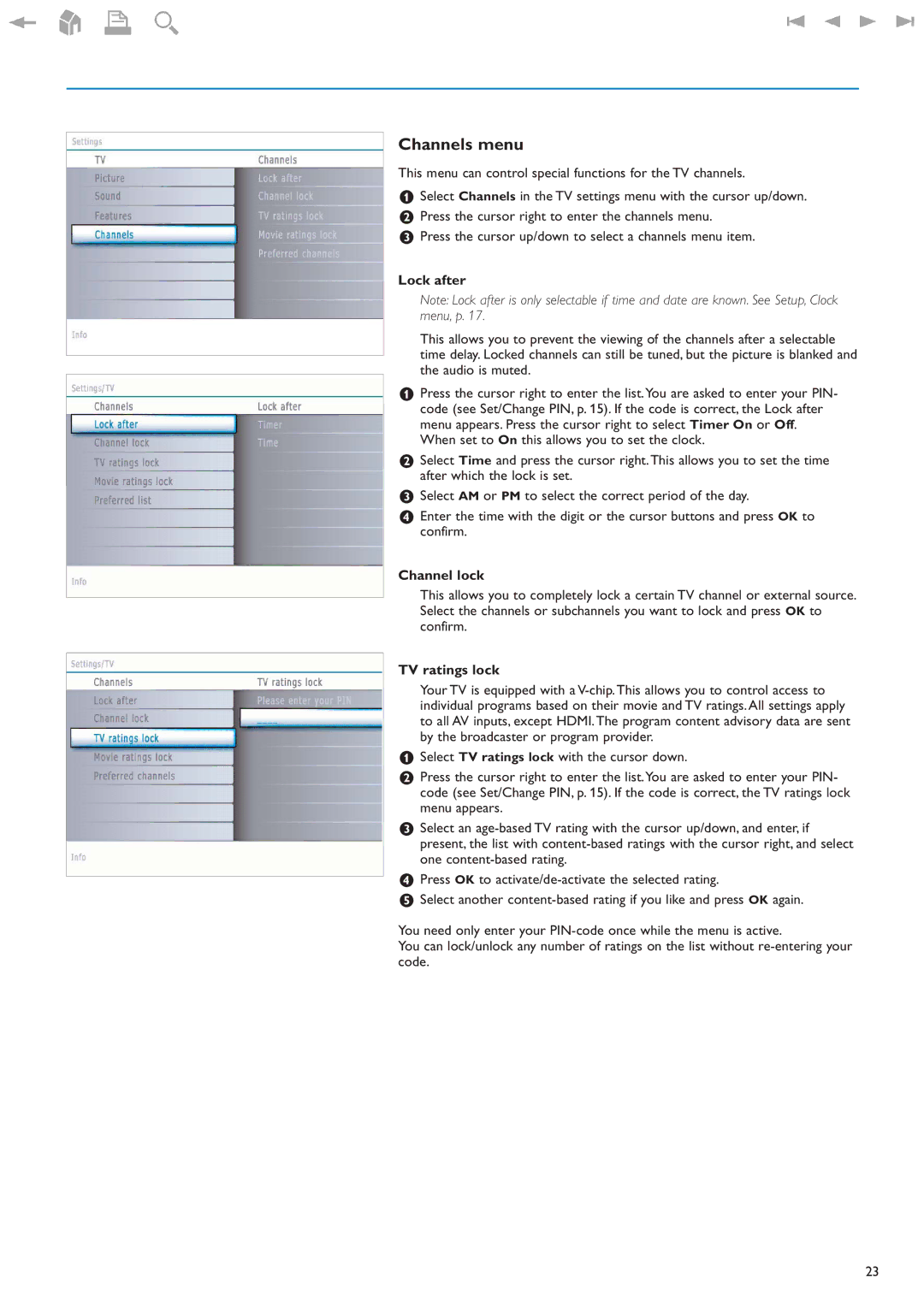 Philips 32PF9630A/37 user manual Channels menu, Lock after, Channel lock, TV ratings lock 