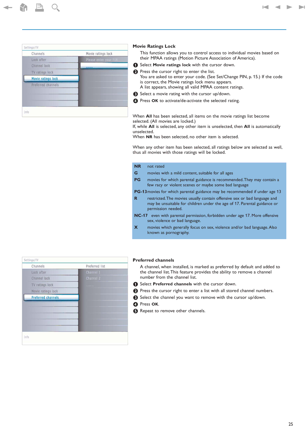 Philips 32PF9630A/37 user manual Movie Ratings Lock, Preferred channels 