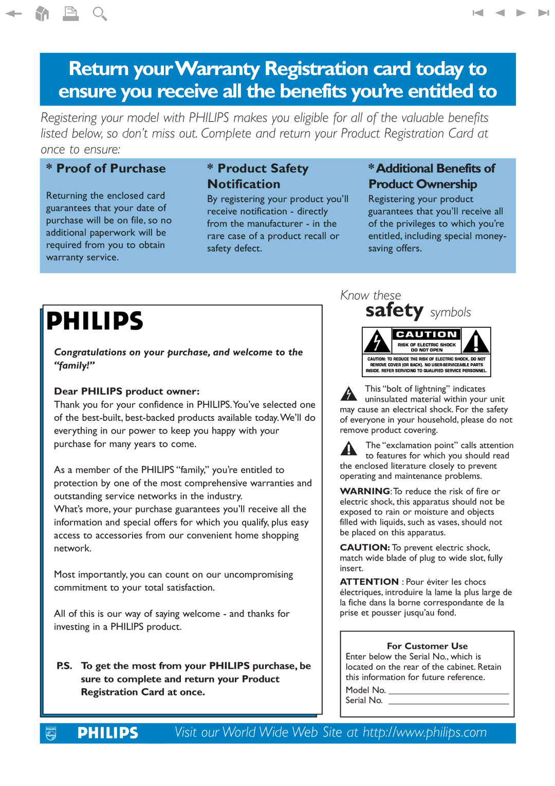 Philips 32PF9630A/37 user manual Notification Product Ownership, Dear Philips product owner 