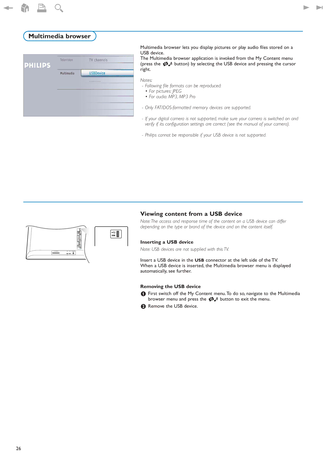 Philips 32PF9630A/37 user manual Multimedia browser, Viewing content from a USB device, Inserting a USB device 