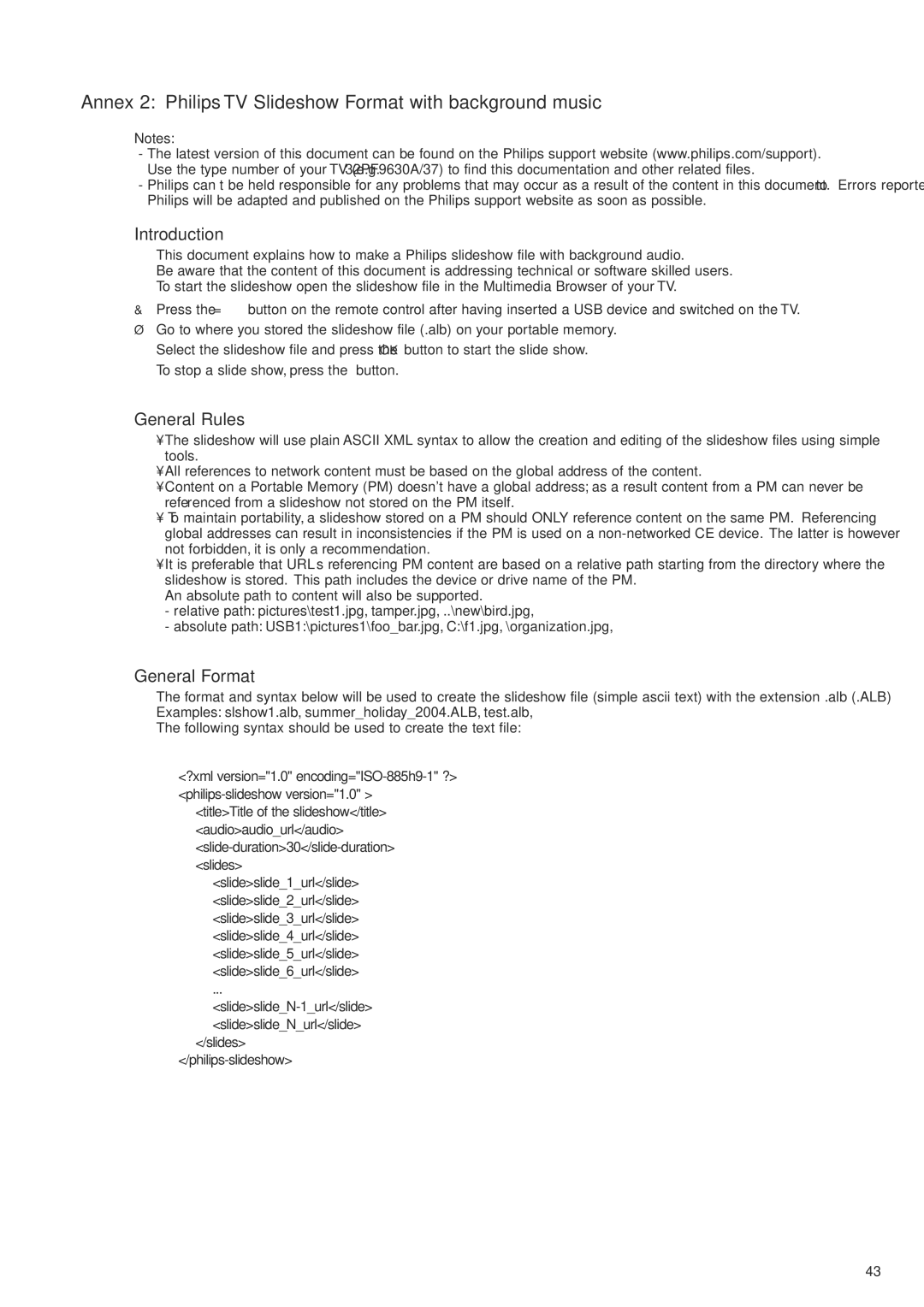 Philips 32PF9630A/37 user manual Annex 2 Philips TV Slideshow Format with background music, General Rules, General Format 