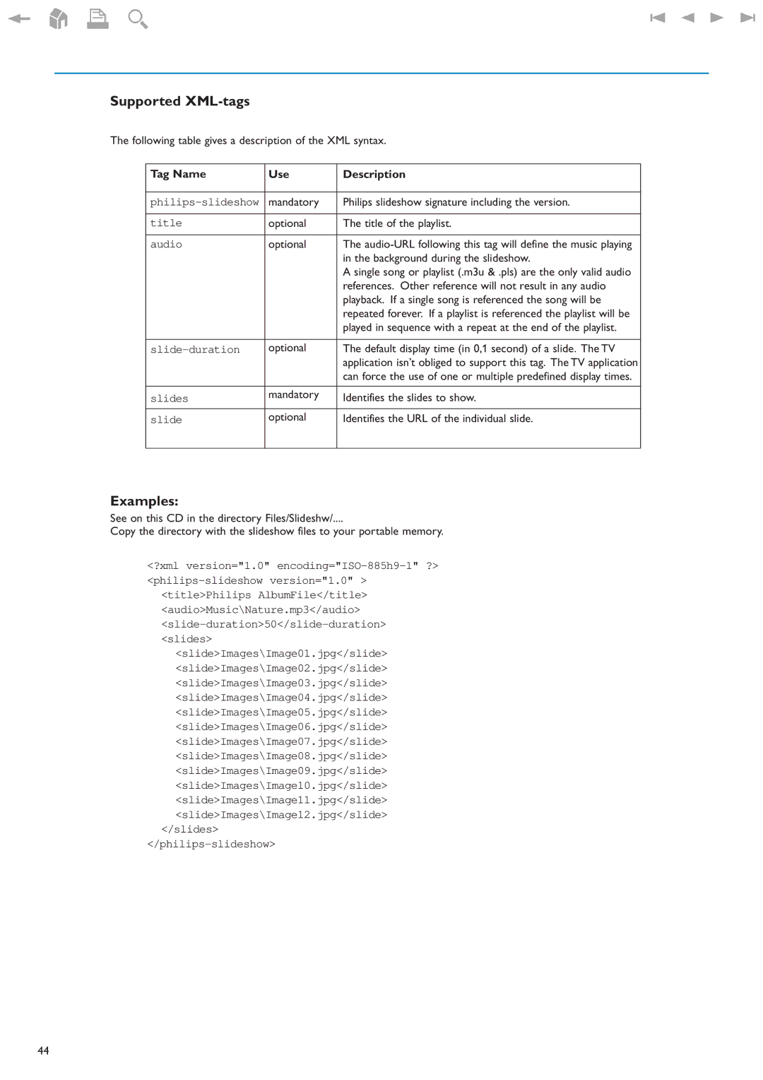 Philips 32PF9630A/37 user manual Supported XML-tags, Examples, Tag Name Use Description 