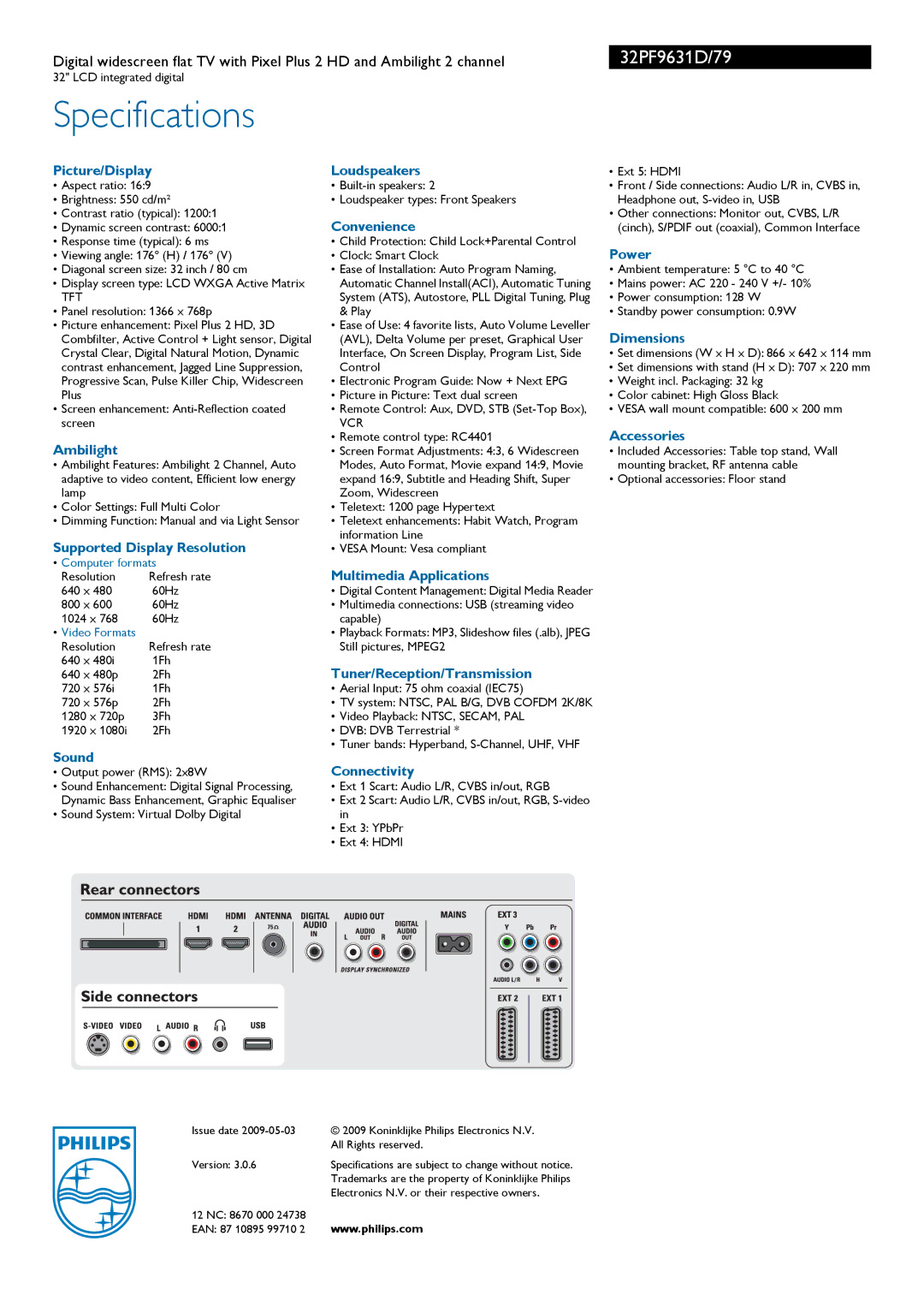 Philips 32PF9631D manual Picture/Display Loudspeakers, Convenience, Power, Dimensions, Accessories, Ambilight, Sound 