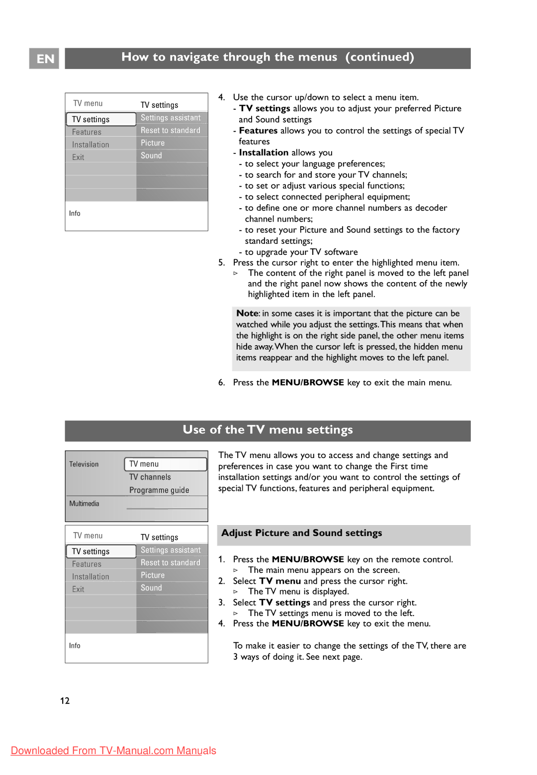 Philips 32PF9631D/10 Use of the TV menu settings, Adjust Picture and Sound settings, Installation allows you 