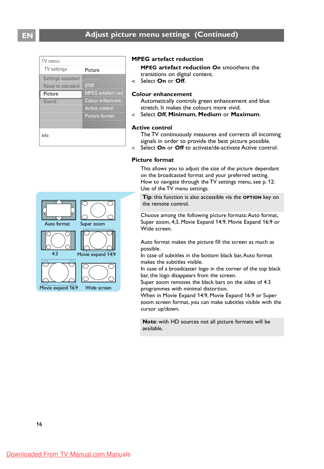 Philips 32PF9631D/10 instruction manual Mpeg artefact reduction On smoothens, Colour enhancement, Active control 