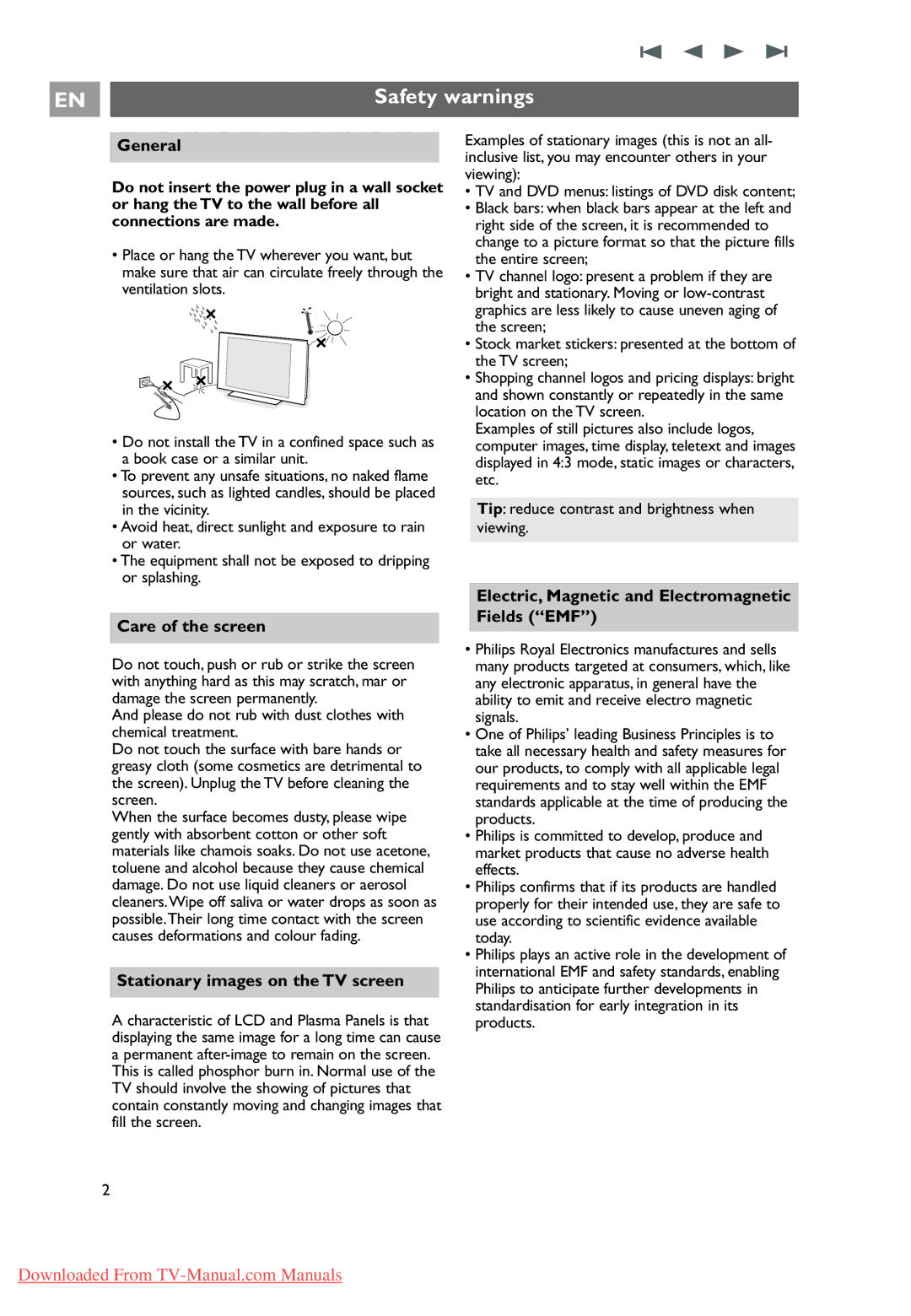 Philips 32PF9631D/10 instruction manual Safety warnings, General, Care of the screen, Stationary images on the TV screen 