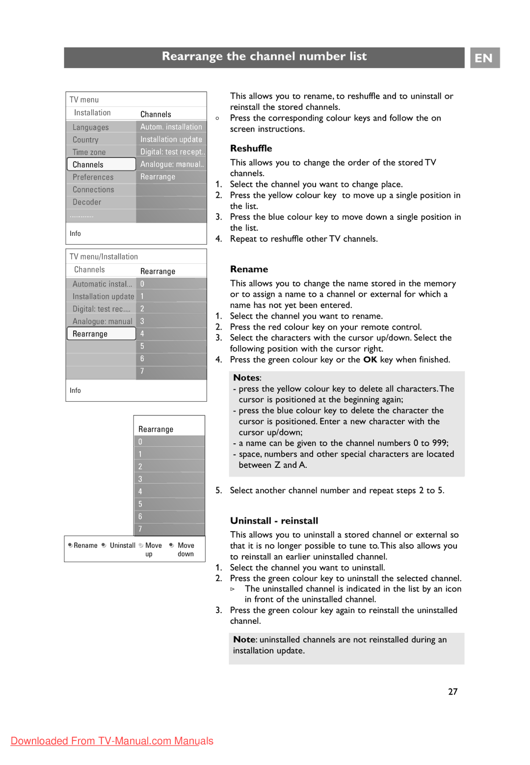 Philips 32PF9631D/10 instruction manual Rearrange the channel number list, Reshuffle, Rename 