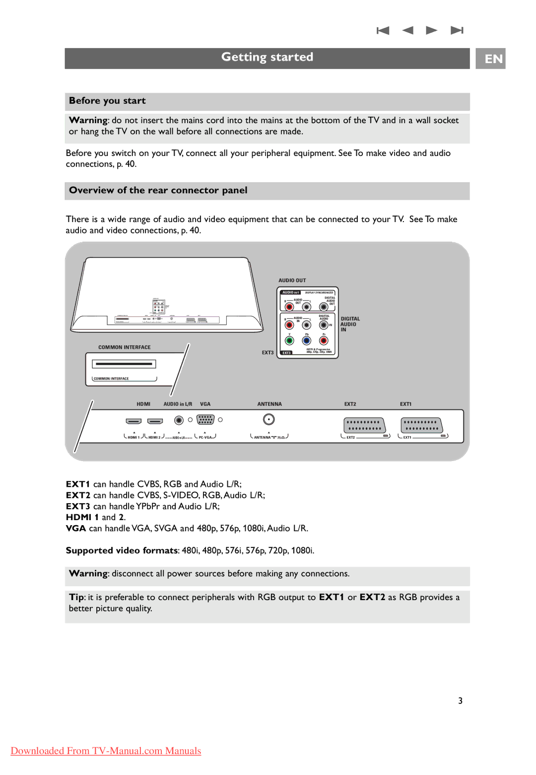 Philips 32PF9631D/10 instruction manual Getting started, Before you start, Overview of the rear connector panel 