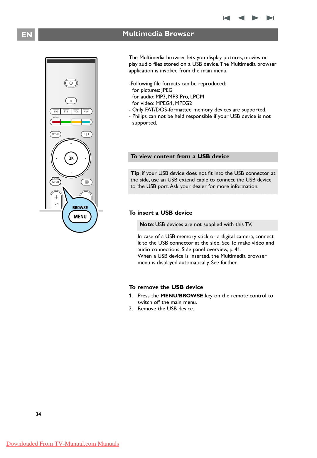 Philips 32PF9631D/10 instruction manual Multimedia Browser, To view content from a USB device, To insert a USB device 