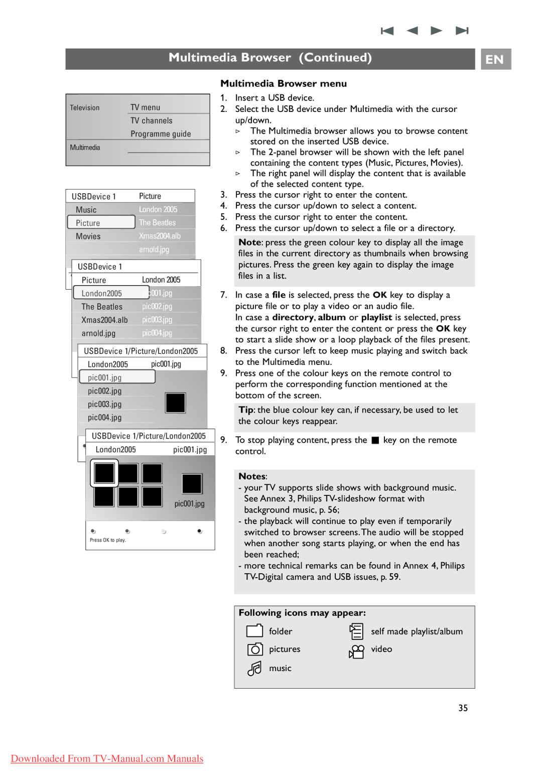 Philips 32PF9631D/10 instruction manual Multimedia Browser menu, Following icons may appear 