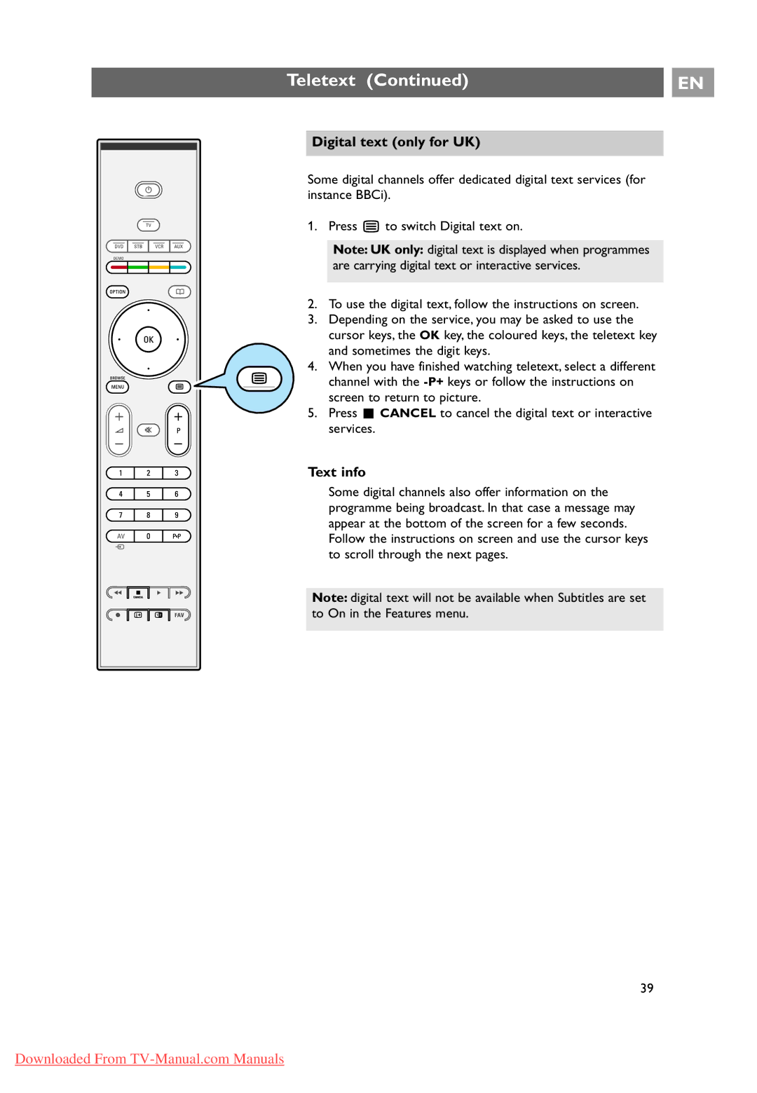 Philips 32PF9631D/10 instruction manual Digital text only for UK, Text info 