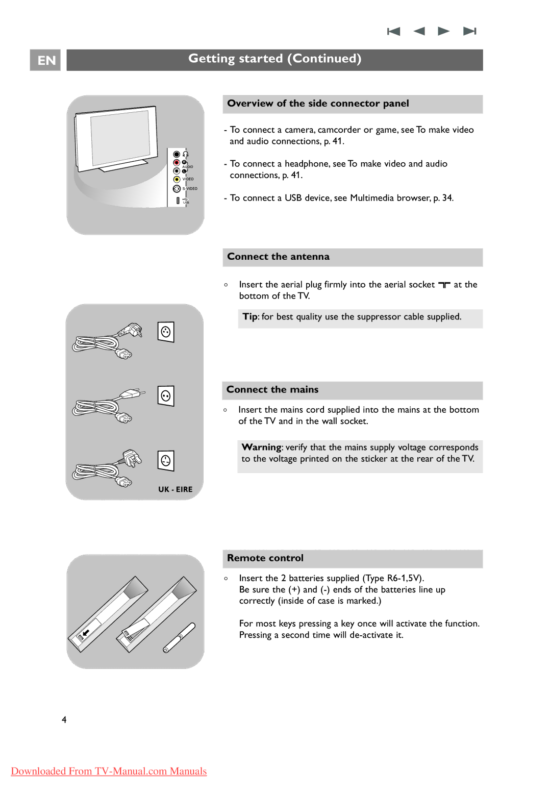 Philips 32PF9631D/10 instruction manual Connect the antenna, Connect the mains, Remote control 