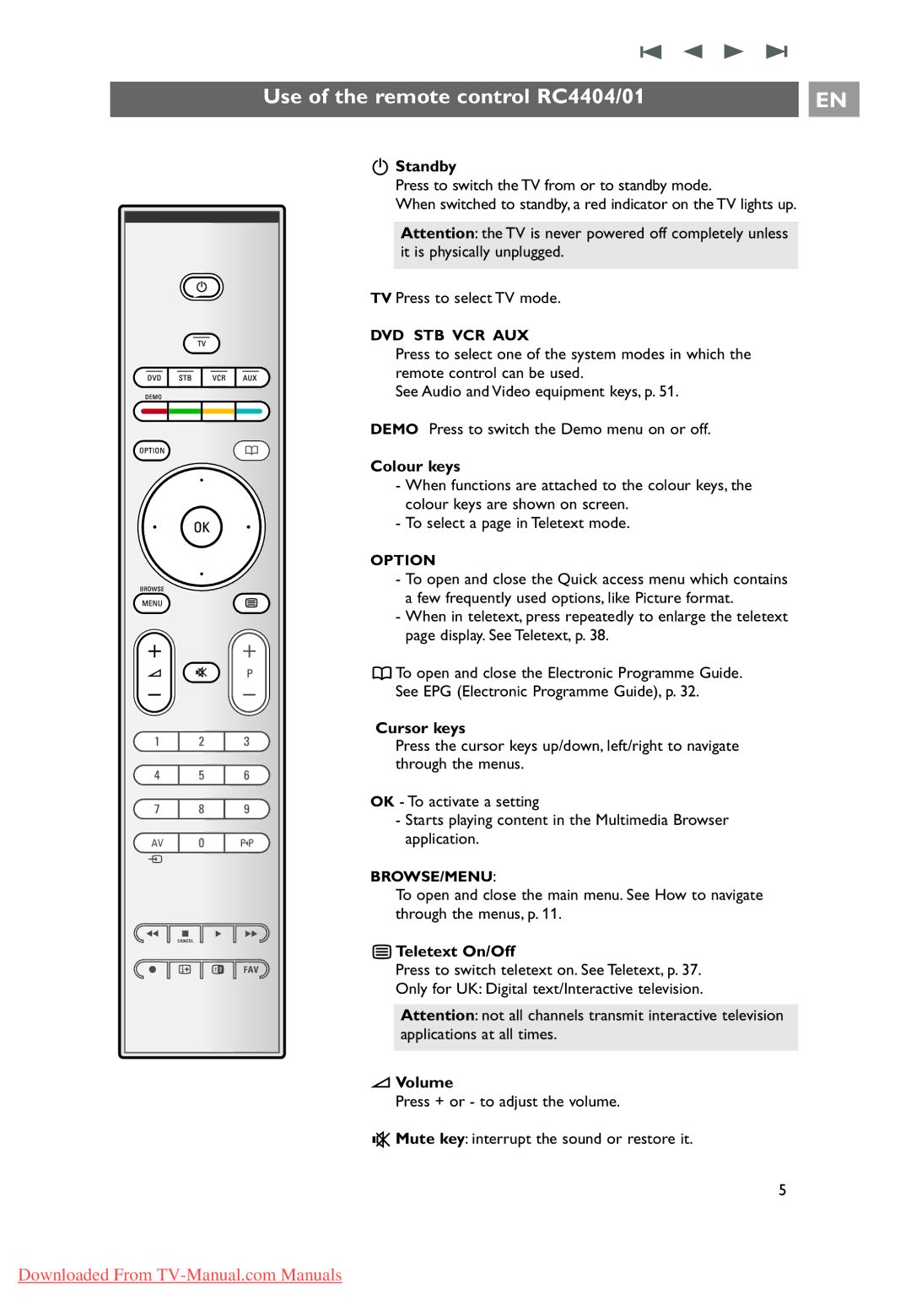 Philips 32PF9631D/10 instruction manual Use of the remote control RC4404/01 