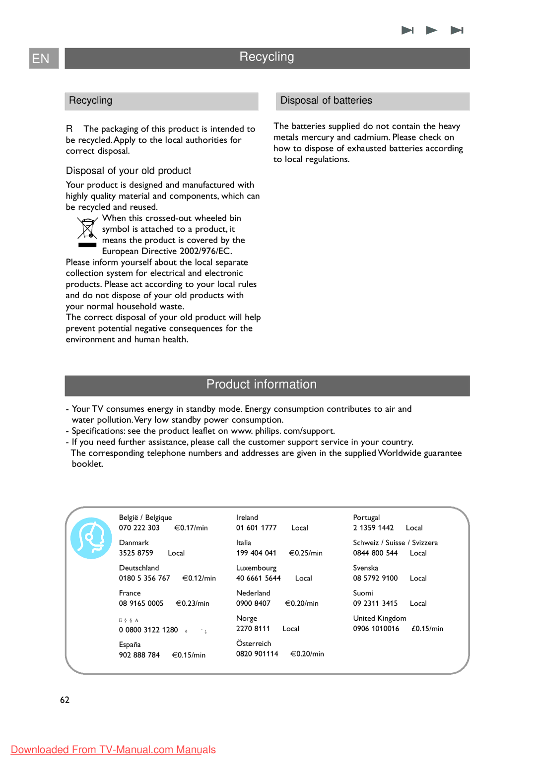 Philips 32PF9631D/10 Product information, Recycling Disposal of batteries, Disposal of your old product 