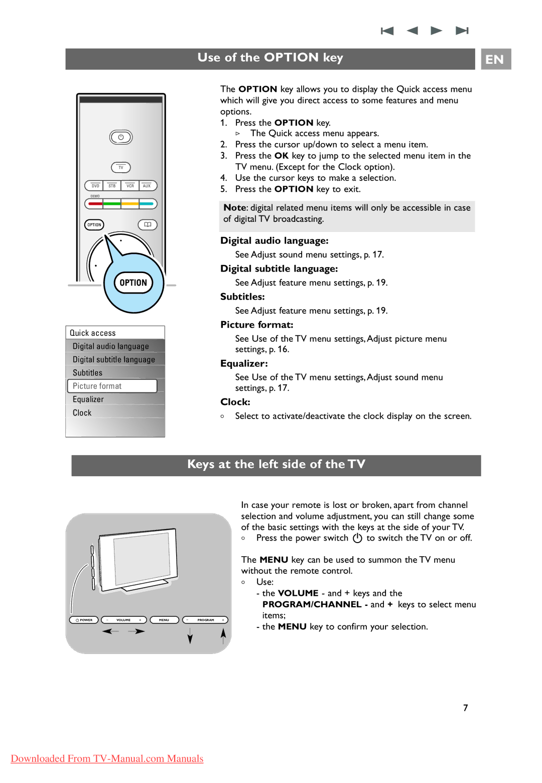 Philips 32PF9631D/10 instruction manual Use of the Option key, Keys at the left side of the TV 