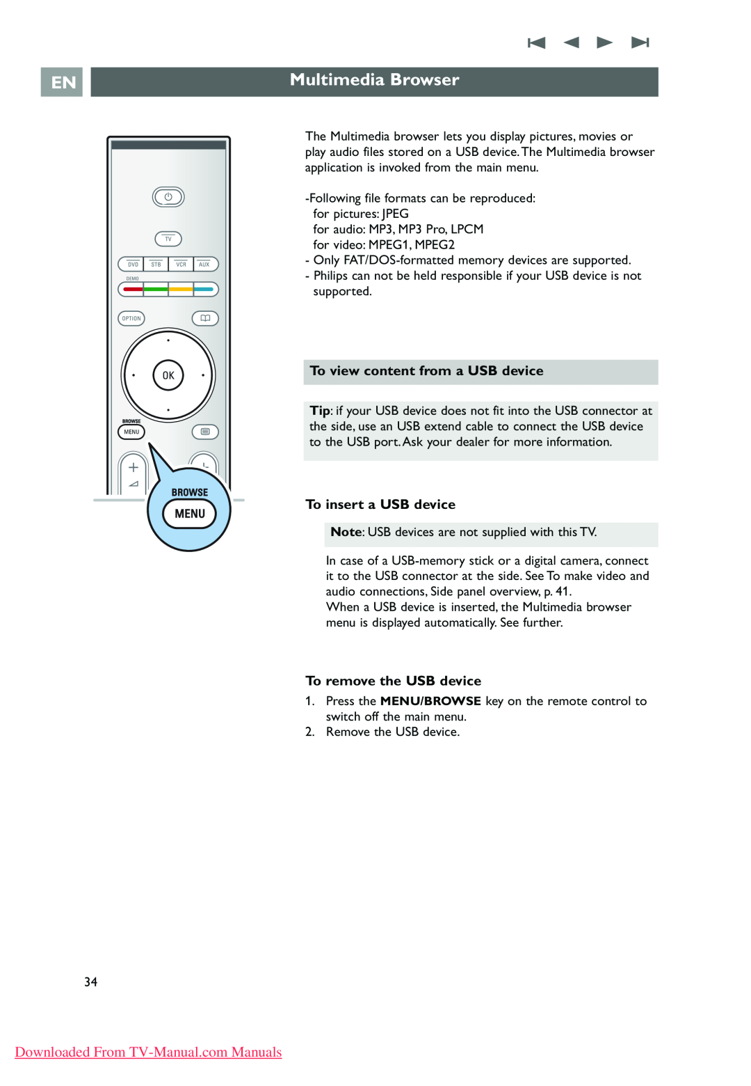 Philips 32PF9631D/10 instruction manual Multimedia Browser, To view content from a USB device, To insert a USB device 