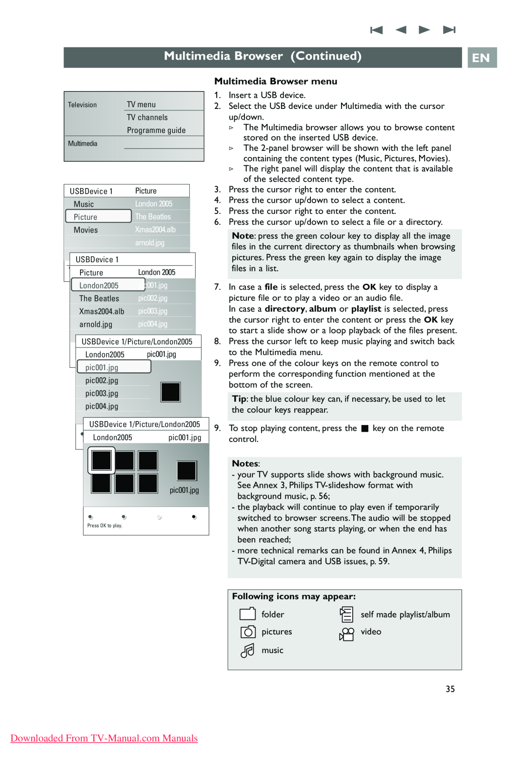 Philips 32PF9631D/10 instruction manual Multimedia Browser Continued, Multimedia Browser menu, Following icons may appear 