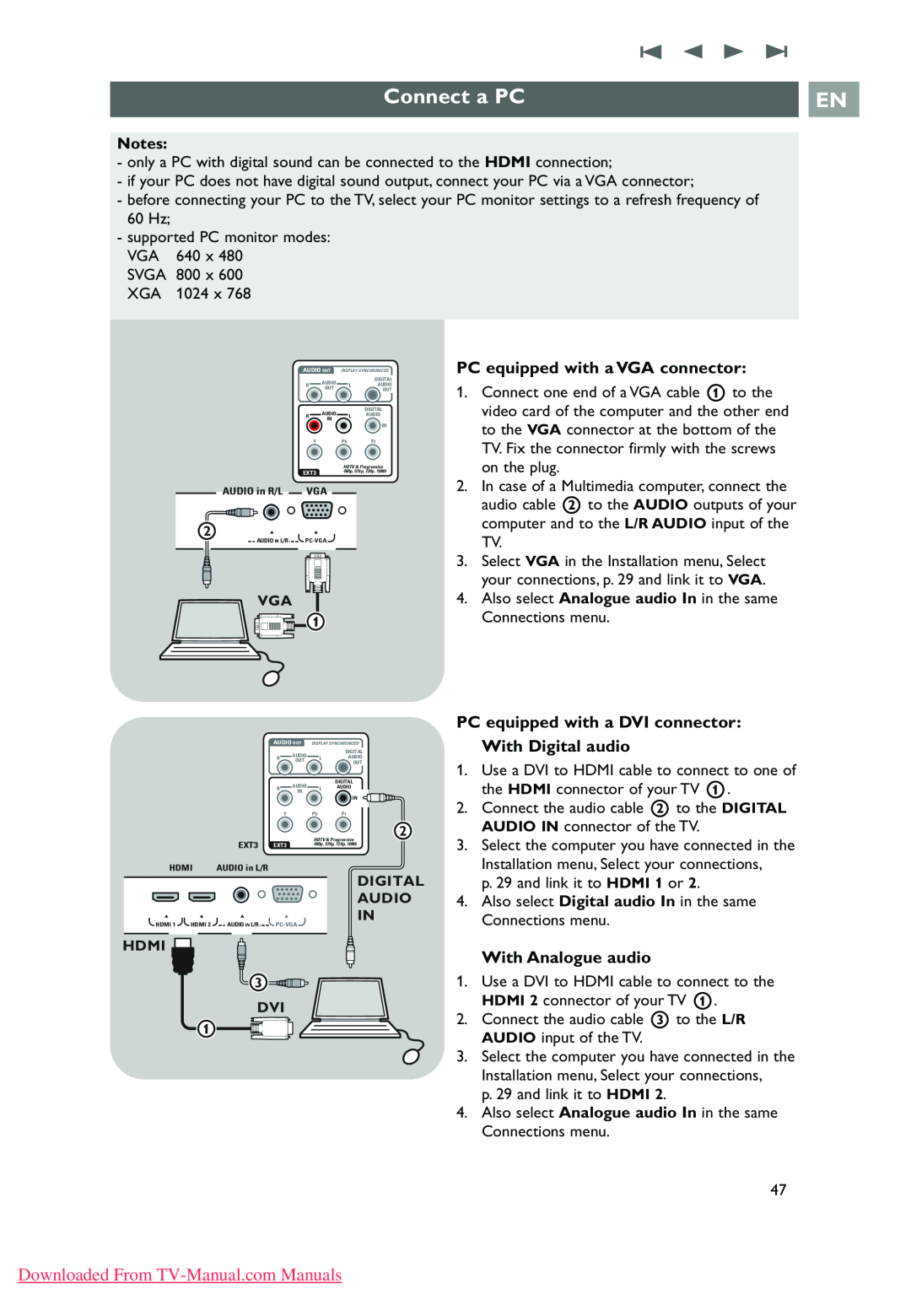 Philips 32PF9631D/10 instruction manual Connect a PC, PC equipped with a VGA connector, With Analogue audio 