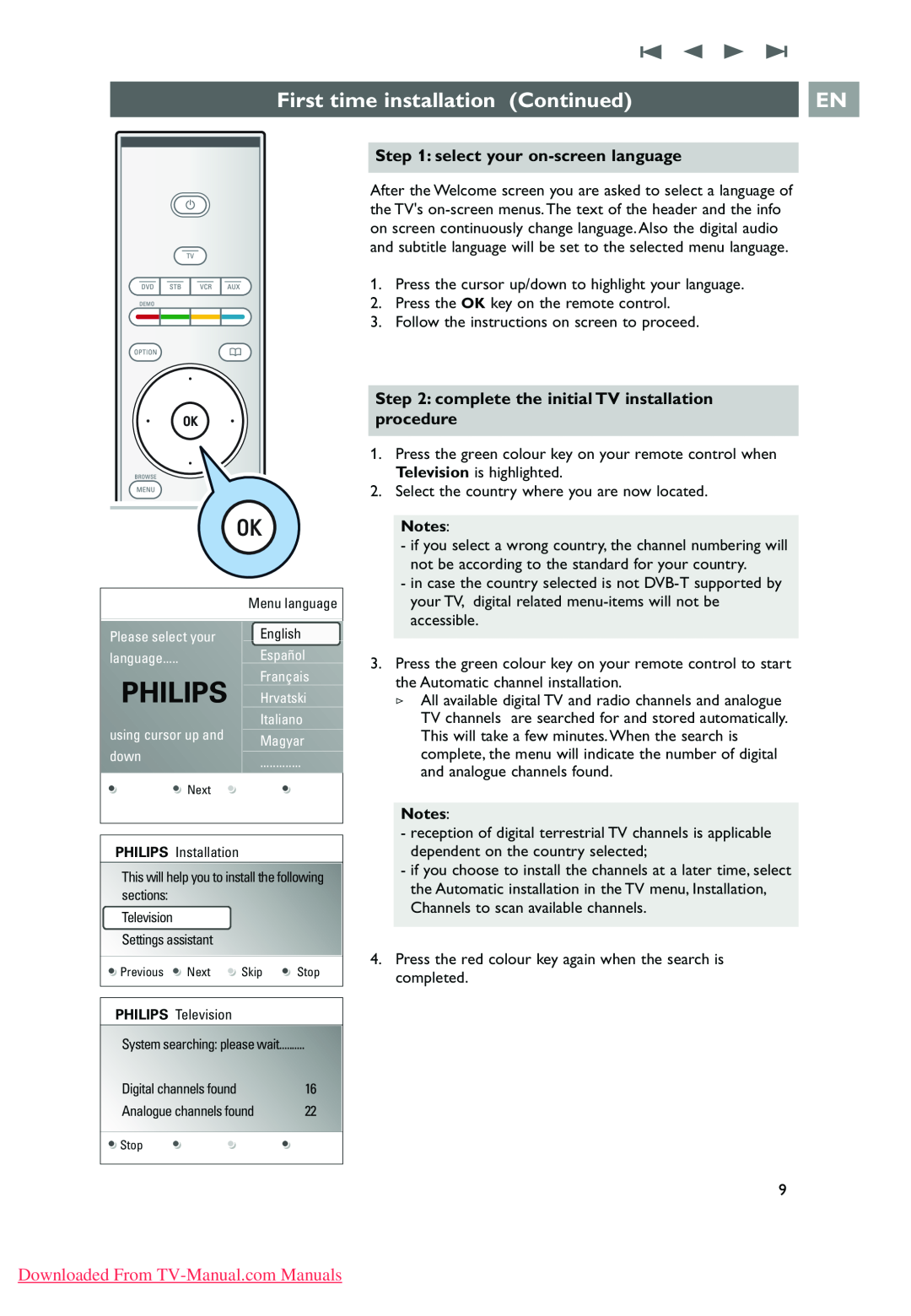 Philips 32PF9631D/10 instruction manual First time installation Continued, select your on-screenlanguage, Philips 