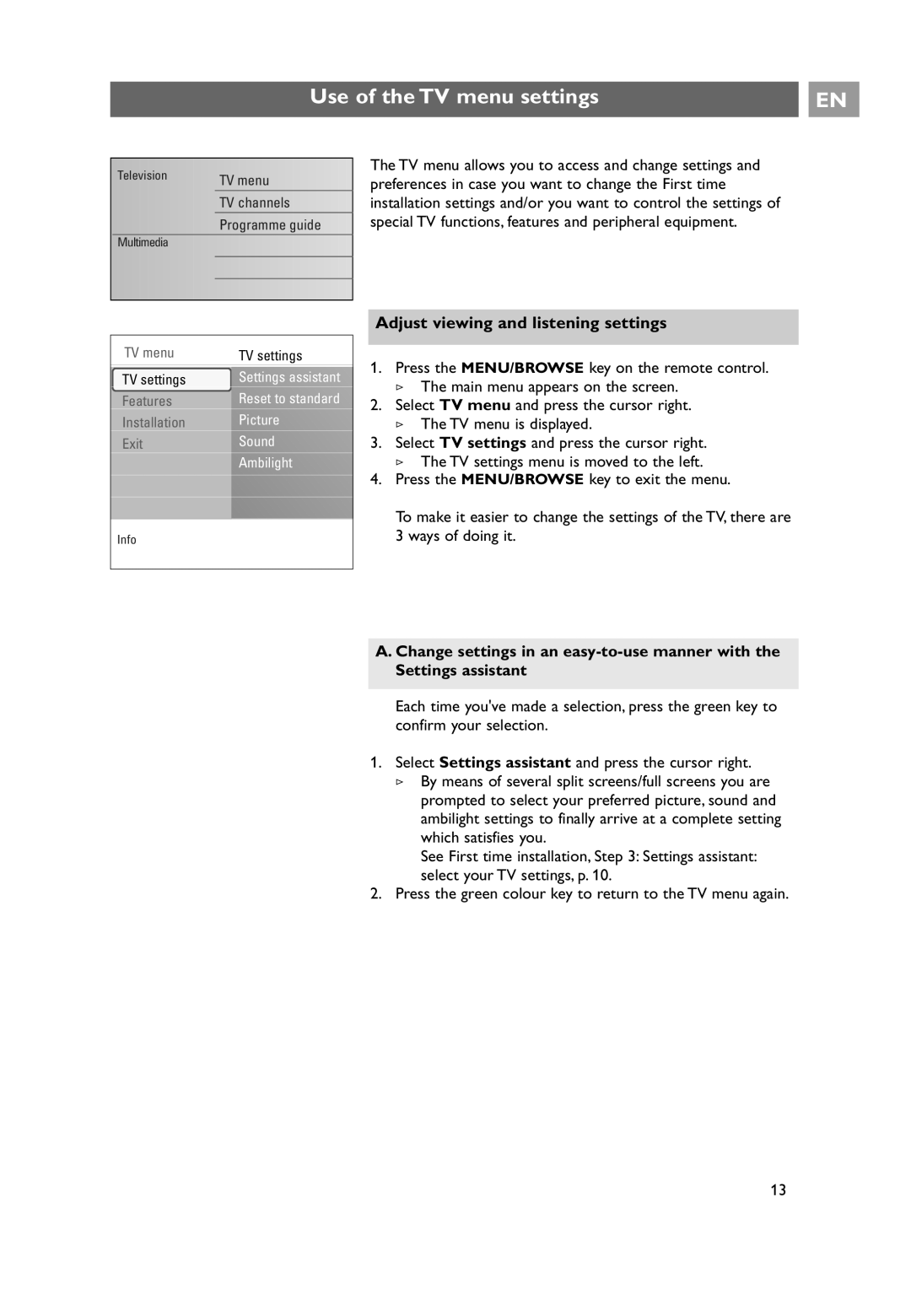 Philips 32PF9641D/10 user manual Use of the TV menu settings, Adjust viewing and listening settings, Settings assistant 