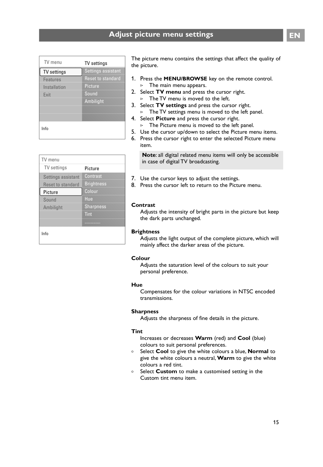 Philips 32PF9641D/10 user manual Adjust picture menu settings 