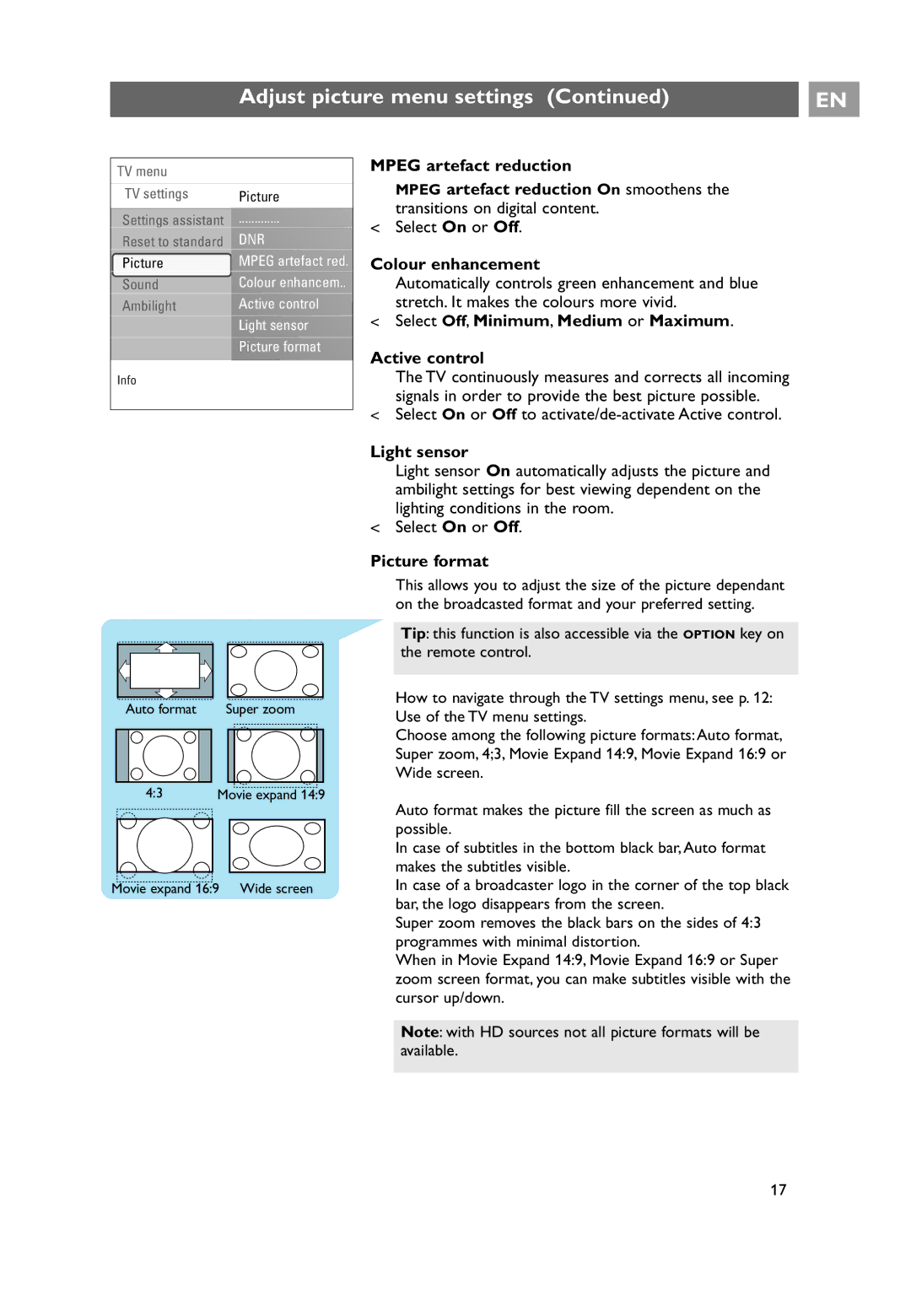 Philips 32PF9641D/10 user manual Colour enhancement, Select Off, Minimum, Medium or Maximum Active control, Light sensor 