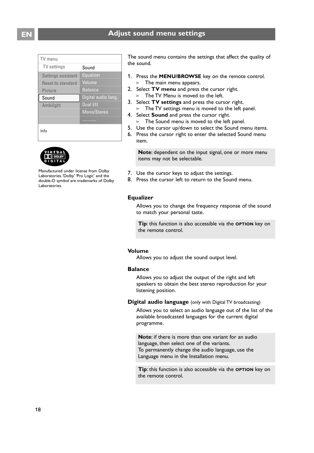 Philips 32PF9641D/10 user manual Adjust sound menu settings, Volume, Balance, Allows you to adjust the sound output level 