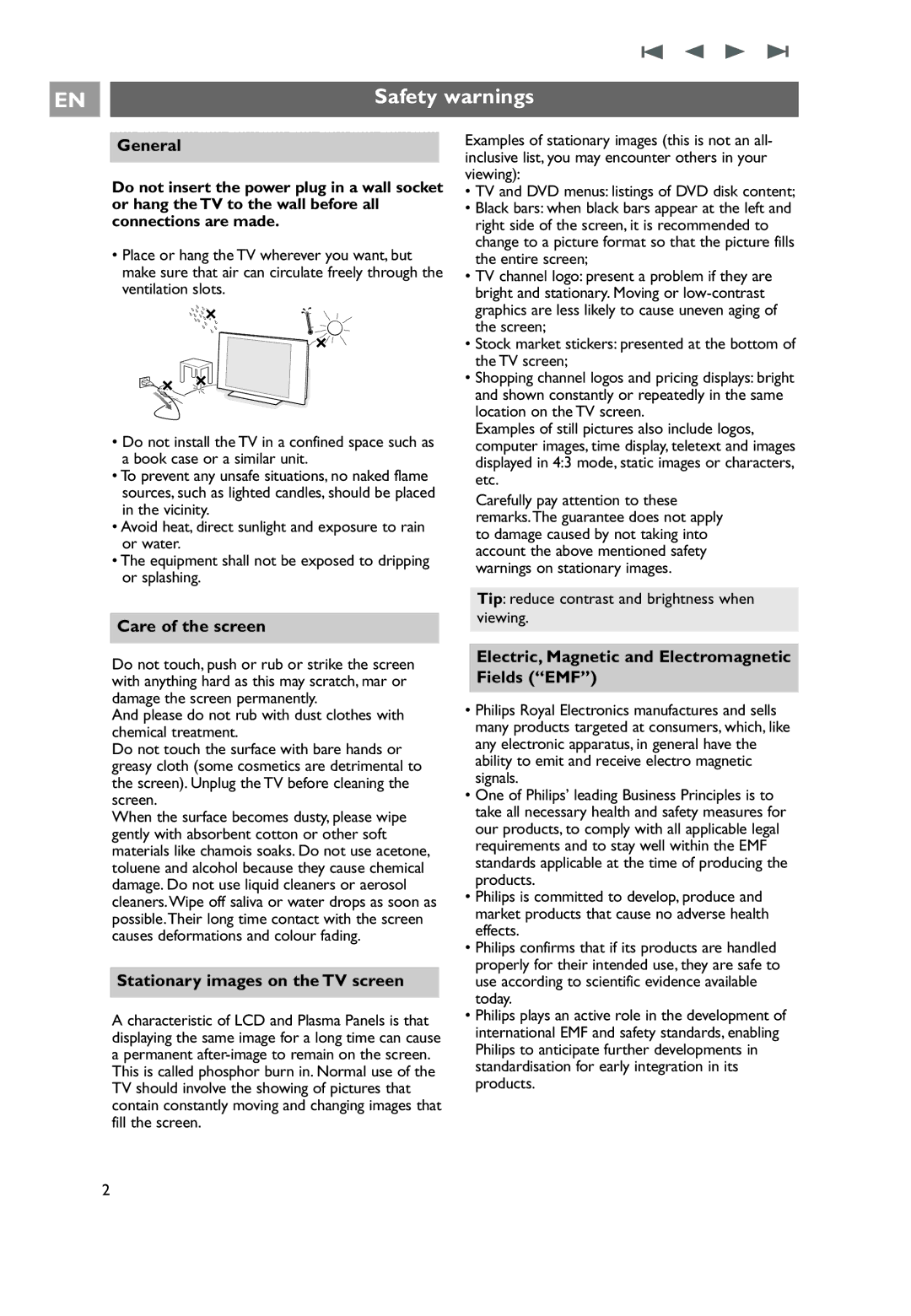 Philips 32PF9641D/10 user manual Safety warnings, General, Care of the screen, Stationary images on the TV screen 